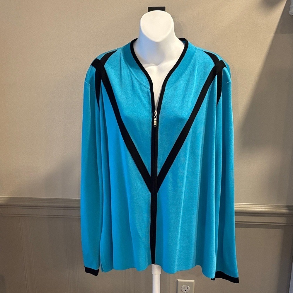 Exclusively Misook Women's Blue and Black Zip-Up Cardigan size XL‎